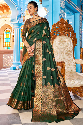 Blooming Dark Green Banarasi Silk Saree With Ethnic Blouse Piece Bvipul