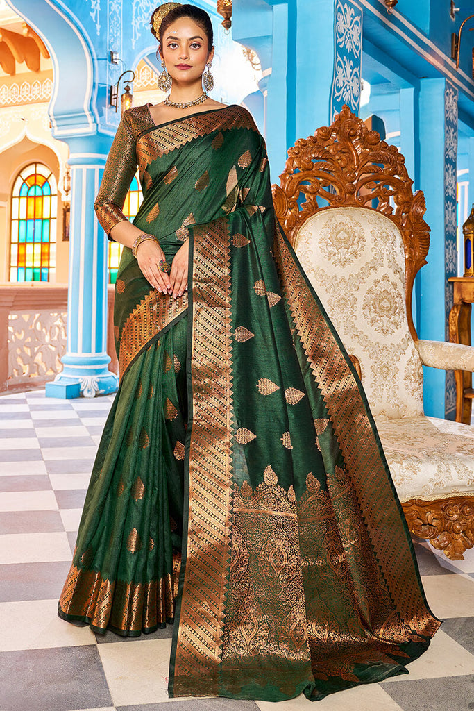 Blooming Dark Green Banarasi Silk Saree With Ethnic Blouse Piece Bvipul