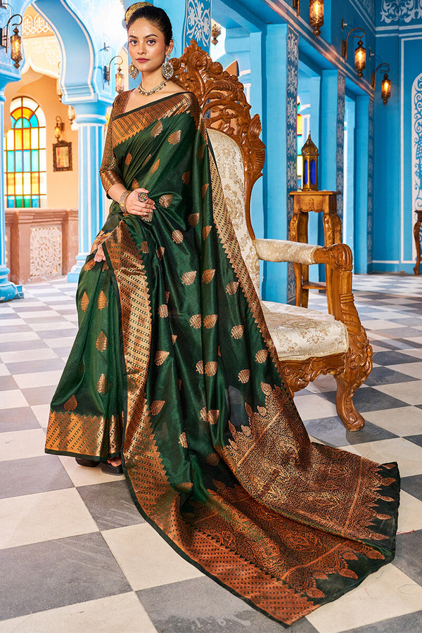 Blooming Dark Green Banarasi Silk Saree With Ethnic Blouse Piece Bvipul