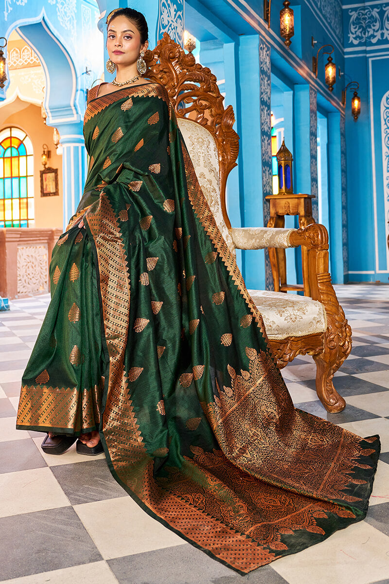 Blooming Dark Green Banarasi Silk Saree With Ethnic Blouse Piece Bvipul
