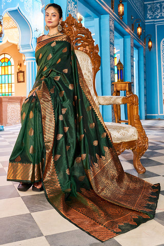 Blooming Dark Green Banarasi Silk Saree With Ethnic Blouse Piece Bvipul