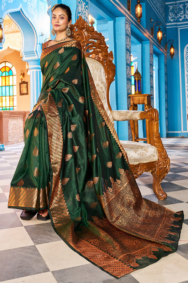 Blooming Dark Green Banarasi Silk Saree With Ethnic Blouse Piece Bvipul
