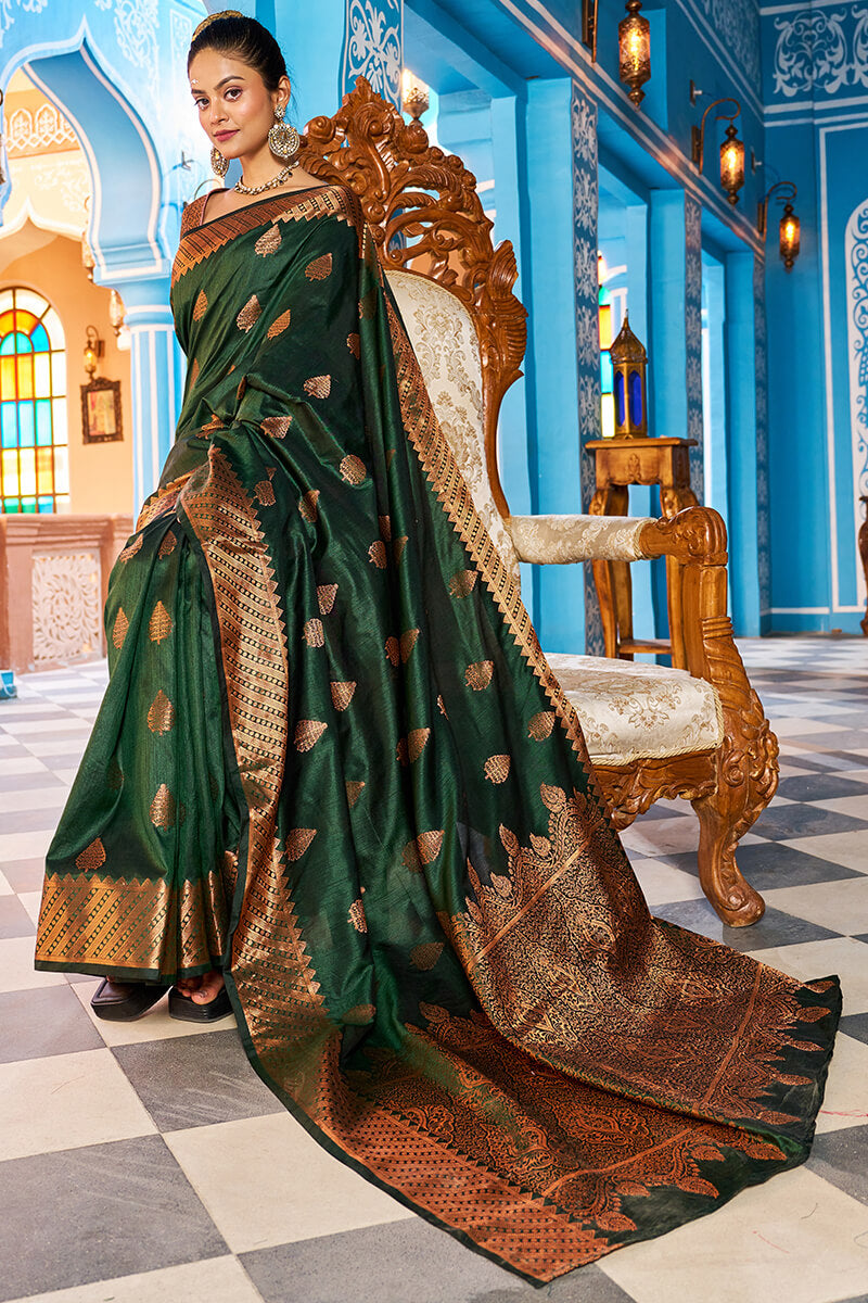 Blooming Dark Green Banarasi Silk Saree With Ethnic Blouse Piece Bvipul