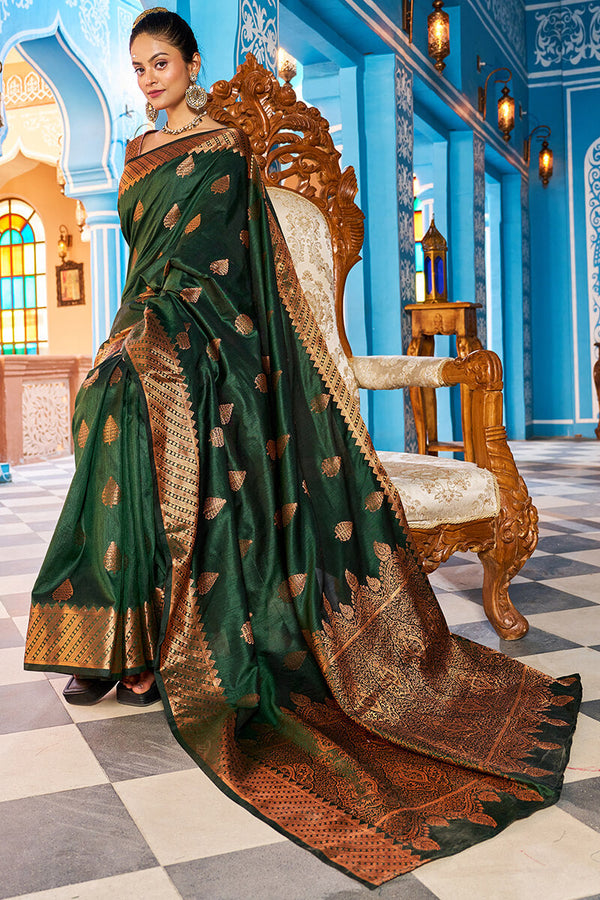 Blooming Dark Green Banarasi Silk Saree With Ethnic Blouse Piece Bvipul