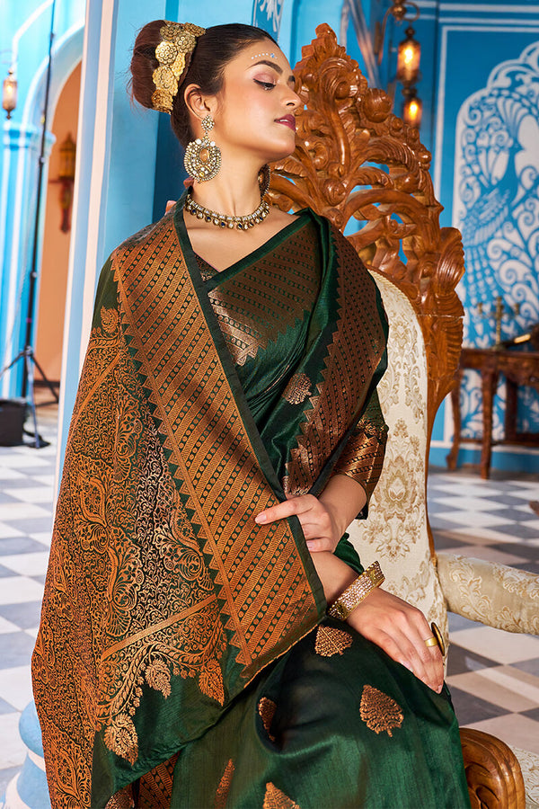 Blooming Dark Green Banarasi Silk Saree With Ethnic Blouse Piece Bvipul