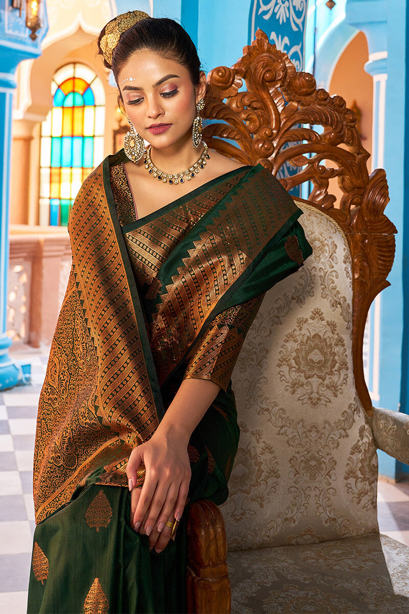 Blooming Dark Green Banarasi Silk Saree With Ethnic Blouse Piece Bvipul