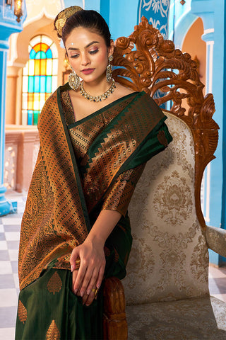 Blooming Dark Green Banarasi Silk Saree With Ethnic Blouse Piece Bvipul