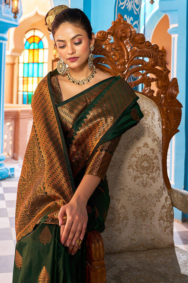 Blooming Dark Green Banarasi Silk Saree With Ethnic Blouse Piece Bvipul