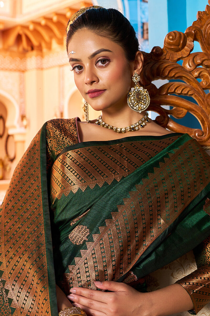 Blooming Dark Green Banarasi Silk Saree With Ethnic Blouse Piece Secondary image