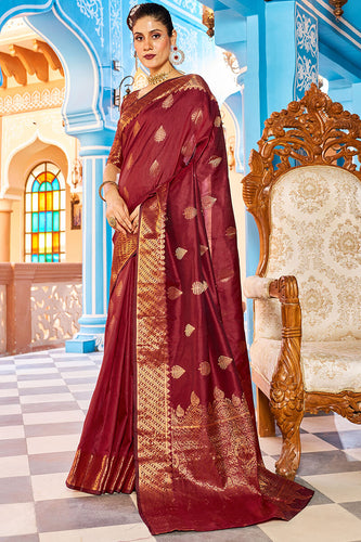 Breathtaking Maroon Banarasi Silk Saree With Adorable Blouse Piece Bvipul