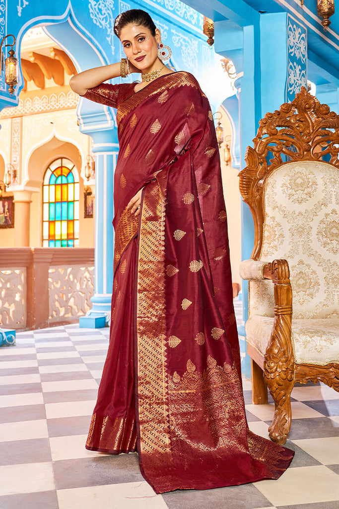 Breathtaking Maroon Banarasi Silk Saree With Adorable Blouse Piece Bvipul