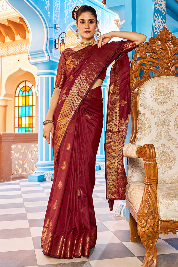 Breathtaking Maroon Banarasi Silk Saree With Adorable Blouse Piece Bvipul