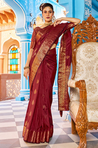 Breathtaking Maroon Banarasi Silk Saree With Adorable Blouse Piece Bvipul