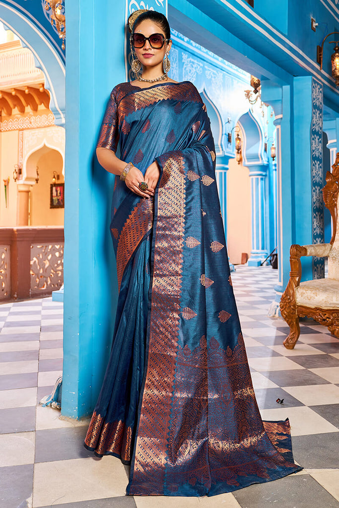 Hypnotic Navy Blue Banarasi Silk Saree With Stylish Blouse Piece Bvipul