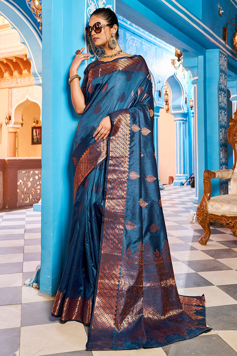 Hypnotic Navy Blue Banarasi Silk Saree With Stylish Blouse Piece Bvipul