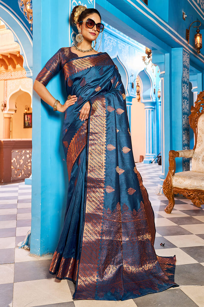 Hypnotic Navy Blue Banarasi Silk Saree With Stylish Blouse Piece Bvipul