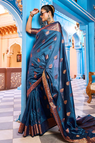 Hypnotic Navy Blue Banarasi Silk Saree With Stylish Blouse Piece Bvipul