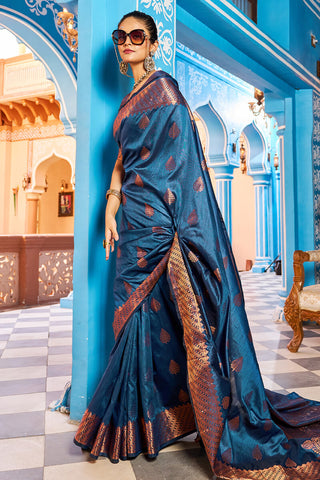 Hypnotic Navy Blue Banarasi Silk Saree With Stylish Blouse Piece Bvipul