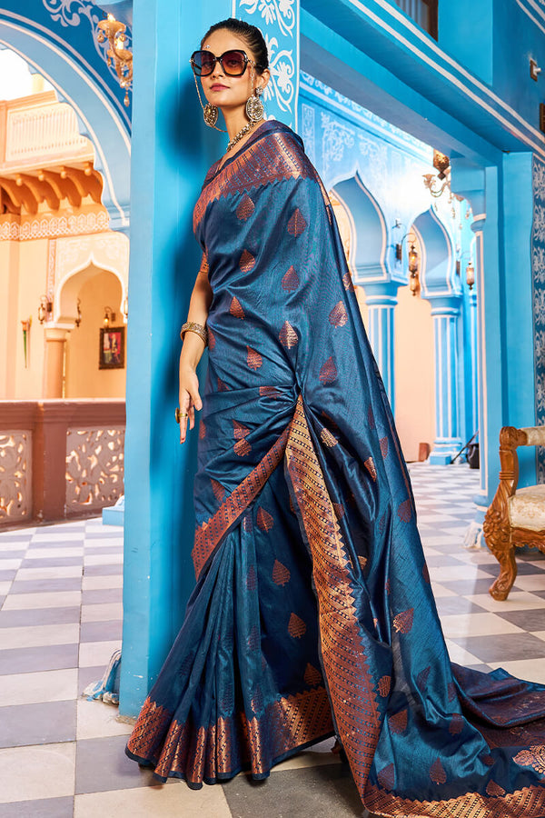 Hypnotic Navy Blue Banarasi Silk Saree With Stylish Blouse Piece Bvipul