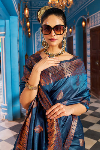Hypnotic Navy Blue Banarasi Silk Saree With Stylish Blouse Piece Bvipul
