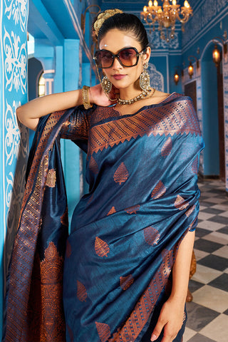 Hypnotic Navy Blue Banarasi Silk Saree With Stylish Blouse Piece Bvipul