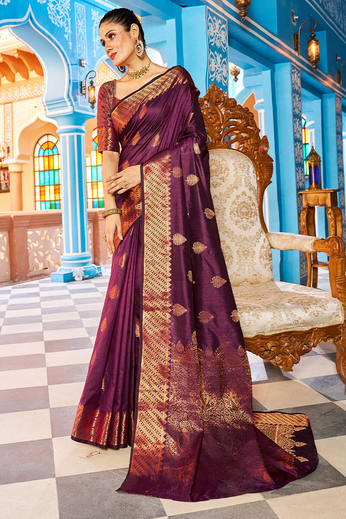 Orange and Purple Handloom Kanjivaram Silk Saree with Gold Zari Border –  WeaverStory