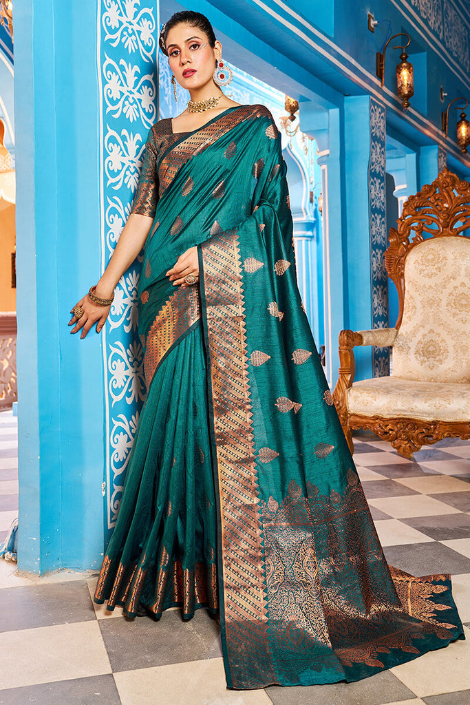 Prominent Rama Banarasi Silk Saree With Blissful Blouse Piece Bvipul