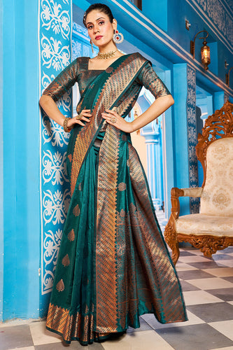 Prominent Rama Banarasi Silk Saree With Blissful Blouse Piece Bvipul