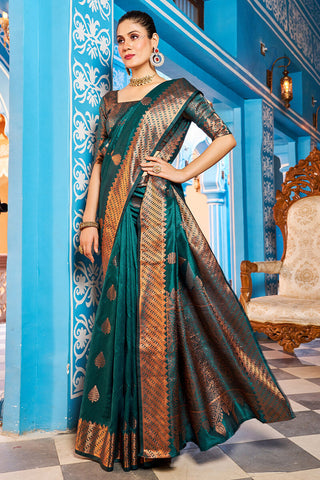 Prominent Rama Banarasi Silk Saree With Blissful Blouse Piece Bvipul