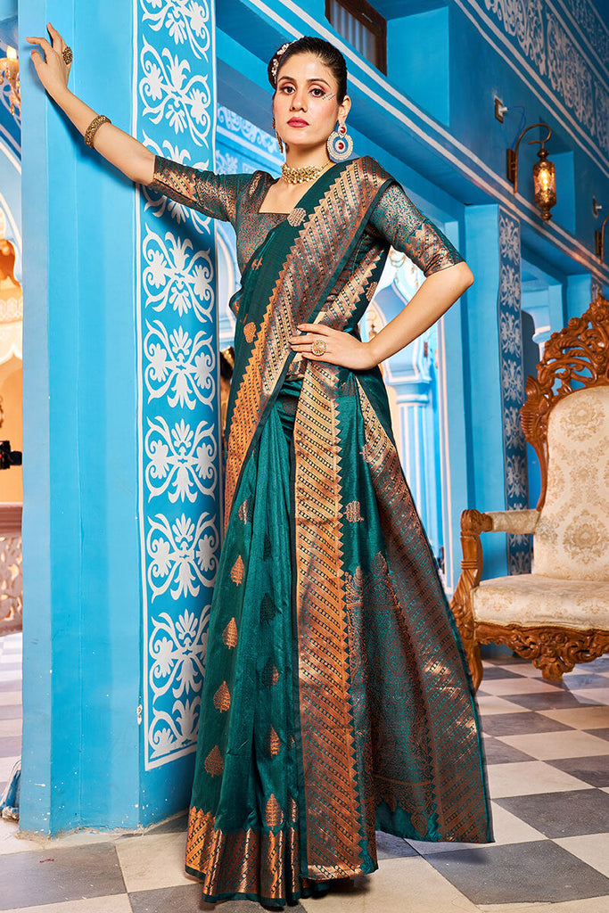 Prominent Rama Banarasi Silk Saree With Blissful Blouse Piece Bvipul