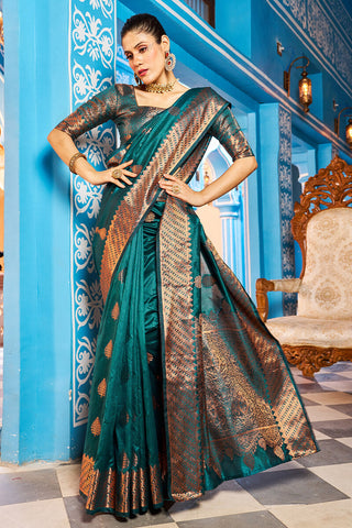 Prominent Rama Banarasi Silk Saree With Blissful Blouse Piece Bvipul