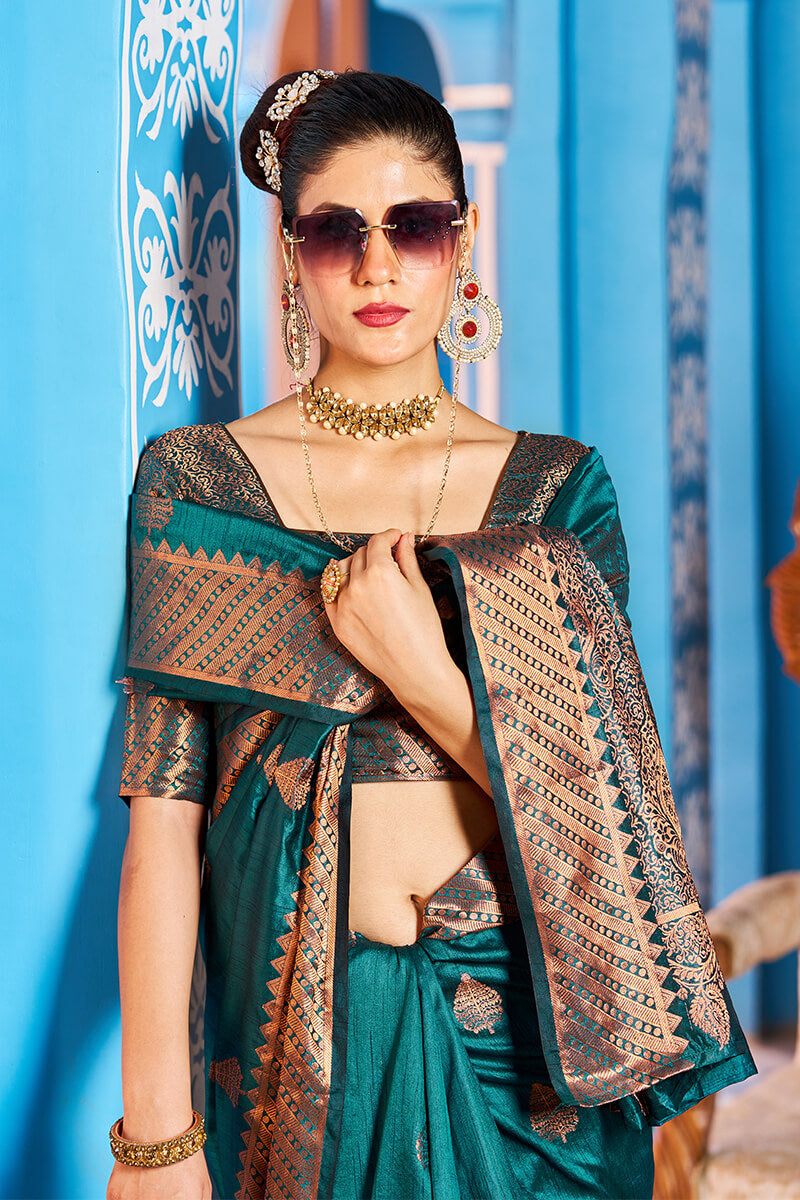 Prominent Rama Banarasi Silk Saree With Blissful Blouse Piece Bvipul