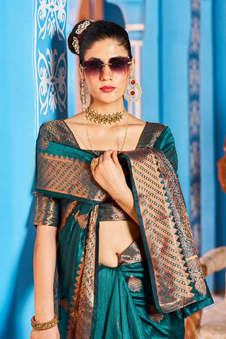 Prominent Rama Banarasi Silk Saree With Blissful Blouse Piece Bvipul