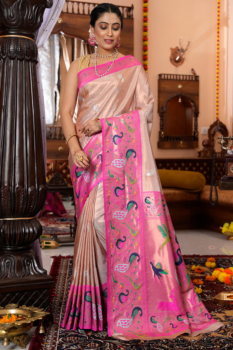 Blooming Baby Pink Paithani Silk Saree With Surpassing Blouse Piece Bvipul
