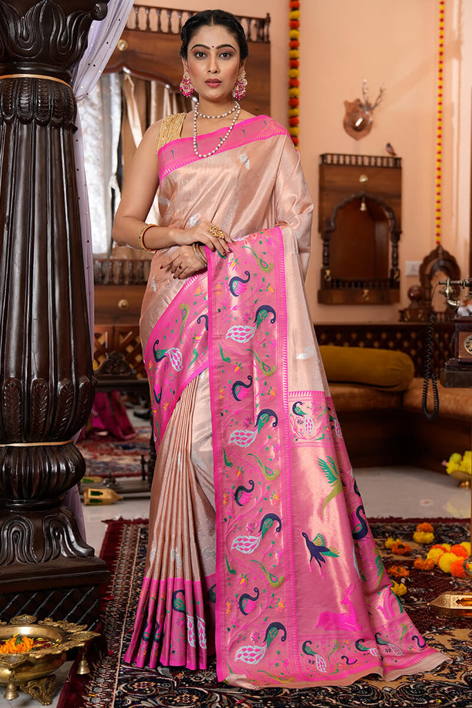 Blooming Baby Pink Paithani Silk Saree With Surpassing Blouse Piece Bvipul