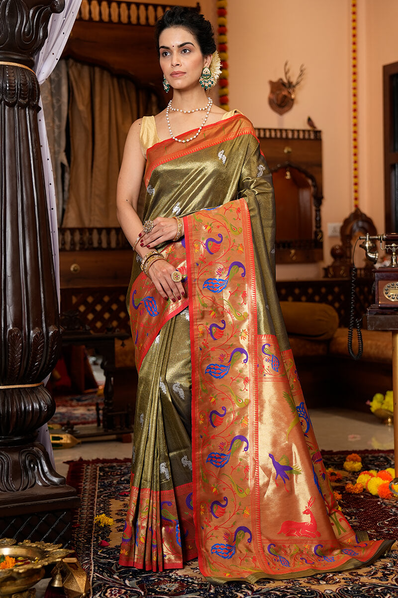 Staring Mehndi Paithani Silk Saree With Super classy Blouse Piece Bvipul