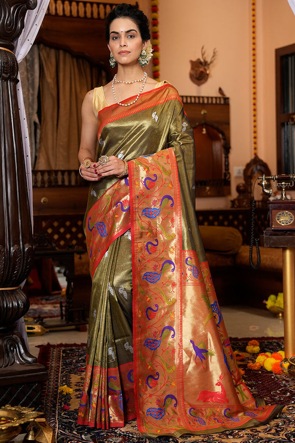 Staring Mehndi Paithani Silk Saree With Super classy Blouse Piece Bvipul