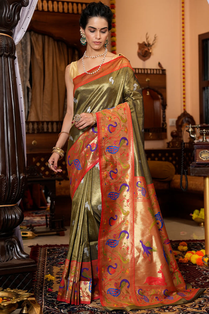 Staring Mehndi Paithani Silk Saree With Super classy Blouse Piece Bvipul