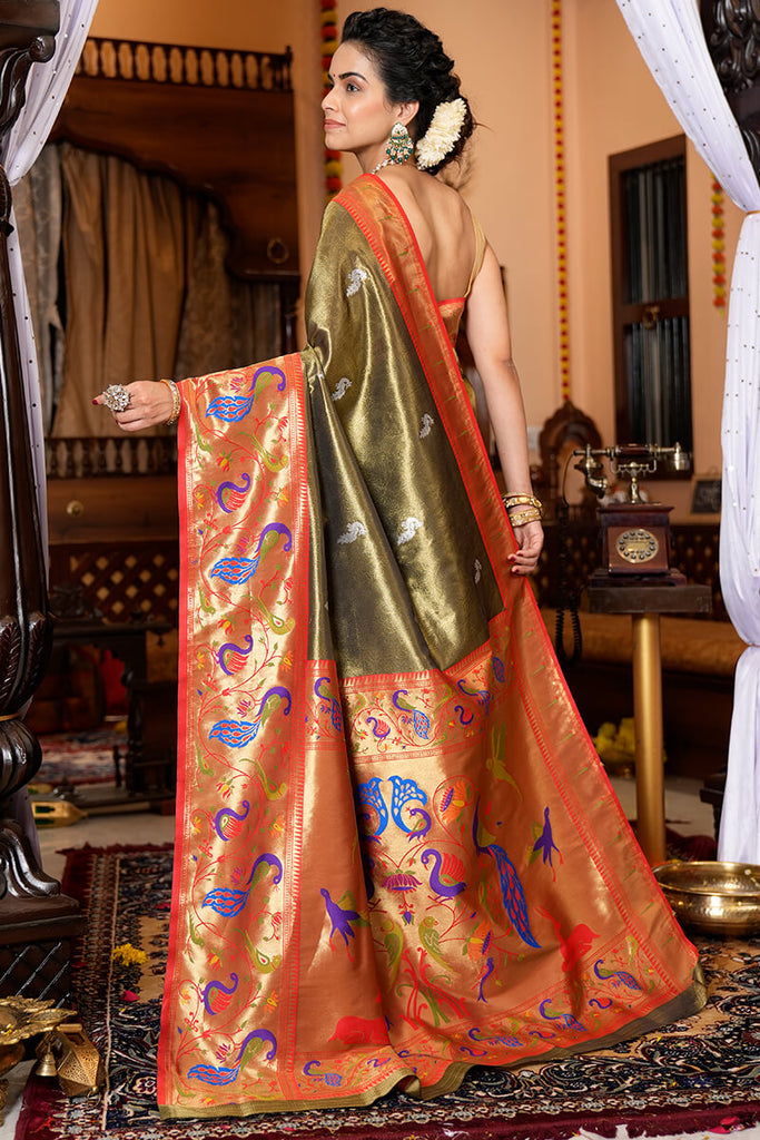 Staring Mehndi Paithani Silk Saree With Super classy Blouse