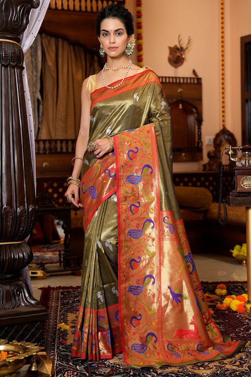 Staring Mehndi Paithani Silk Saree With Super classy Blouse Piece Bvipul Main image