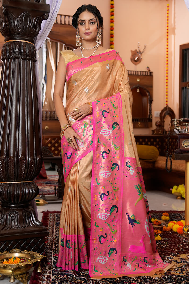 Capricious Peach Paithani Silk Saree With Beauteous Blouse Piece Bvipul Main image