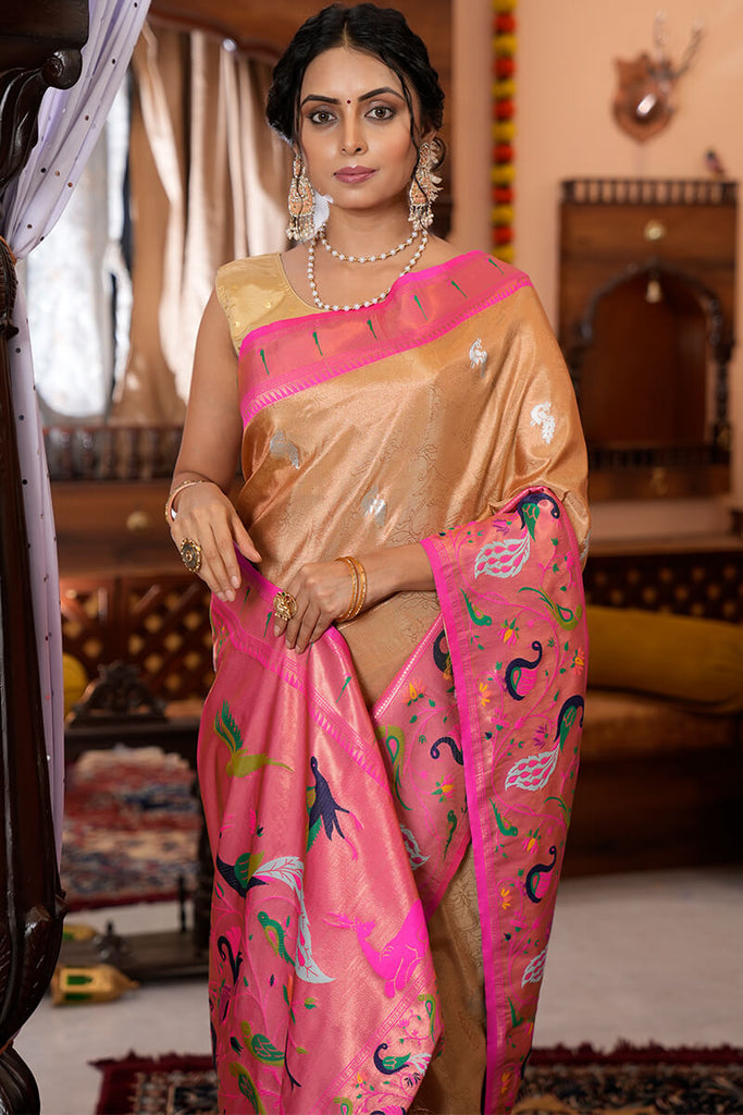Capricious Peach Paithani Silk Saree With Beauteous Blouse Piece Bvipul