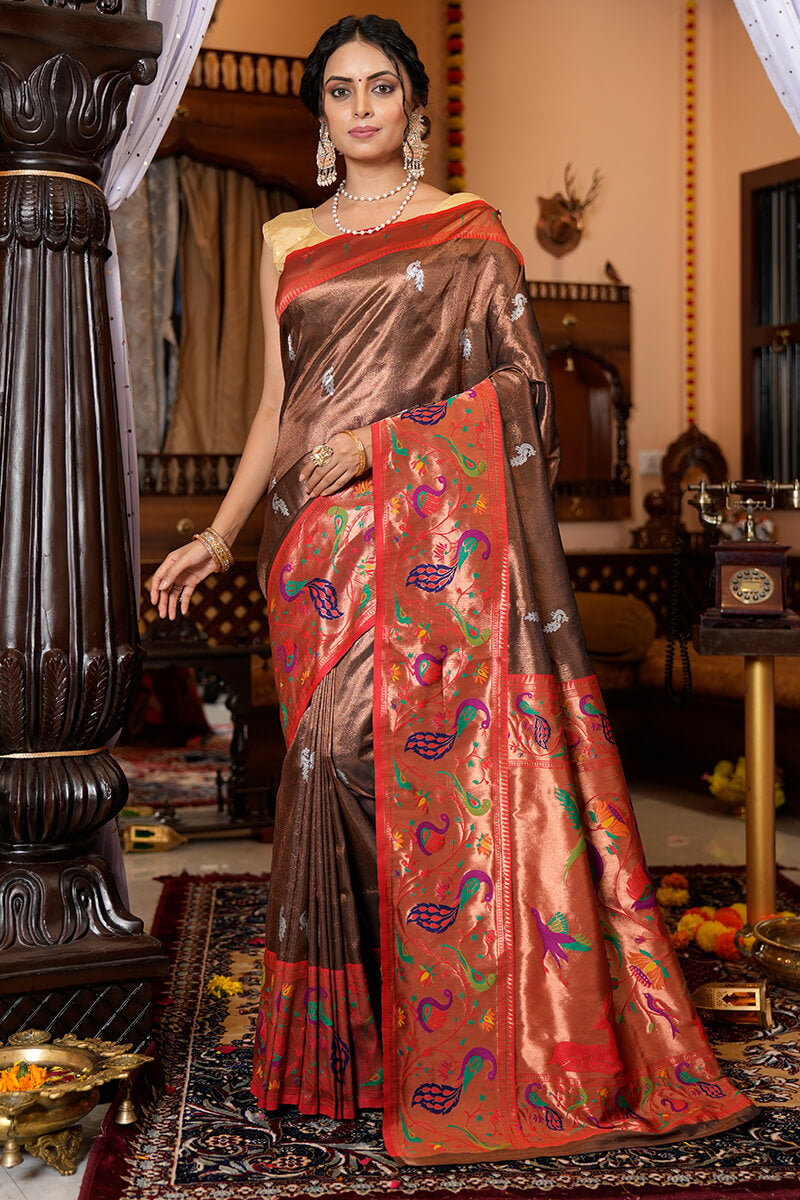Flaunt Wine Paithani Silk Saree With Elision Blouse Piece Bvipul Main image