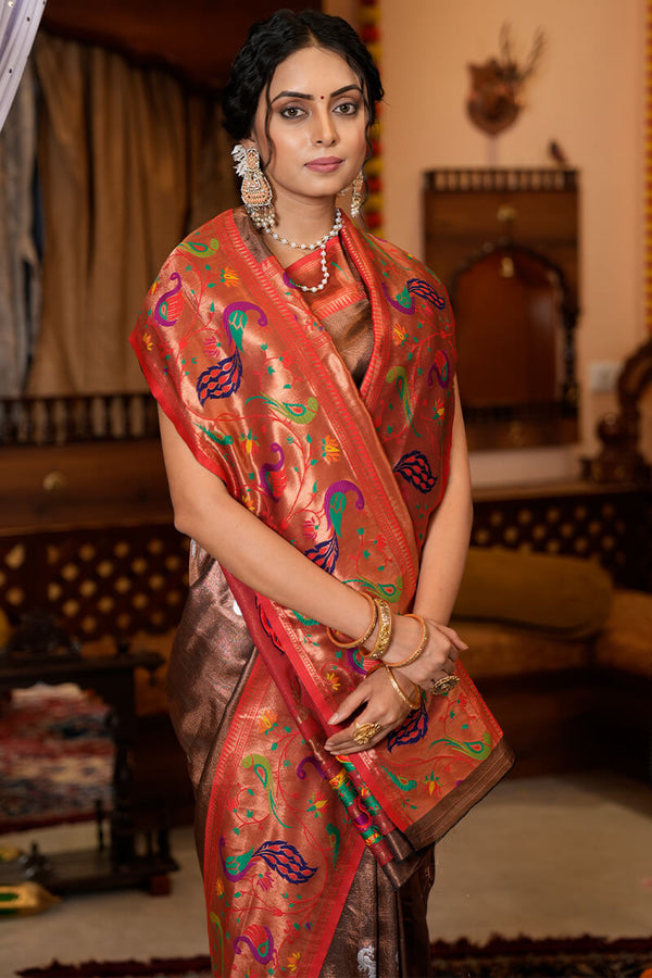 Flaunt Wine Paithani Silk Saree With Elision Blouse Piece Bvipul