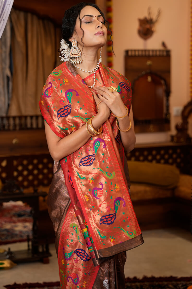 Flaunt Wine Paithani Silk Saree With Elision Blouse Piece Bvipul