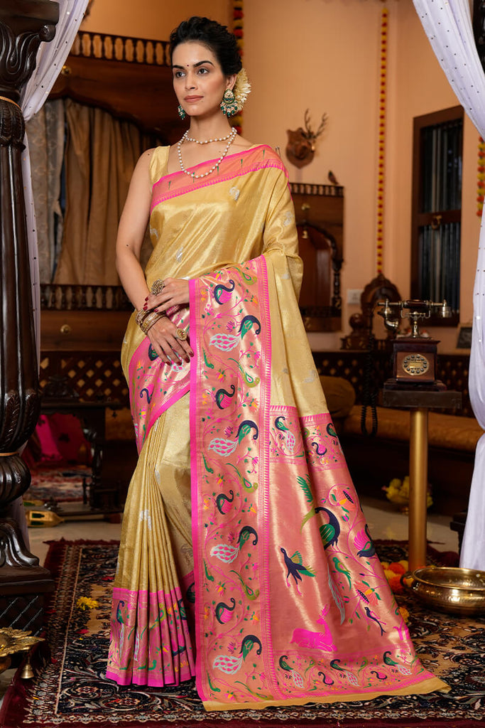 Refreshing Yellow Paithani Silk Saree With Ailurophile Blouse Piece Bvipul