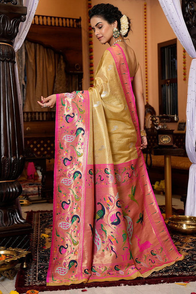 Refreshing Yellow Paithani Silk Saree With Ailurophile Blouse Piece Bvipul