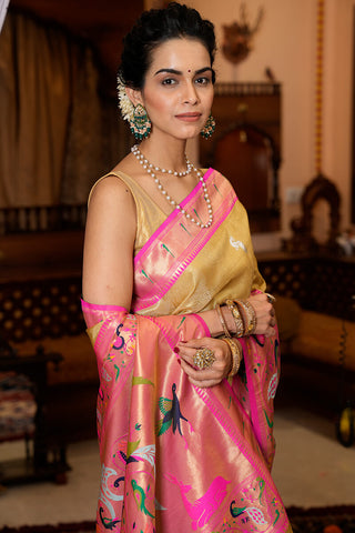 Refreshing Yellow Paithani Silk Saree With Ailurophile Blouse Piece Bvipul