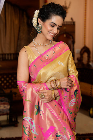 Refreshing Yellow Paithani Silk Saree With Ailurophile Blouse Piece Bvipul