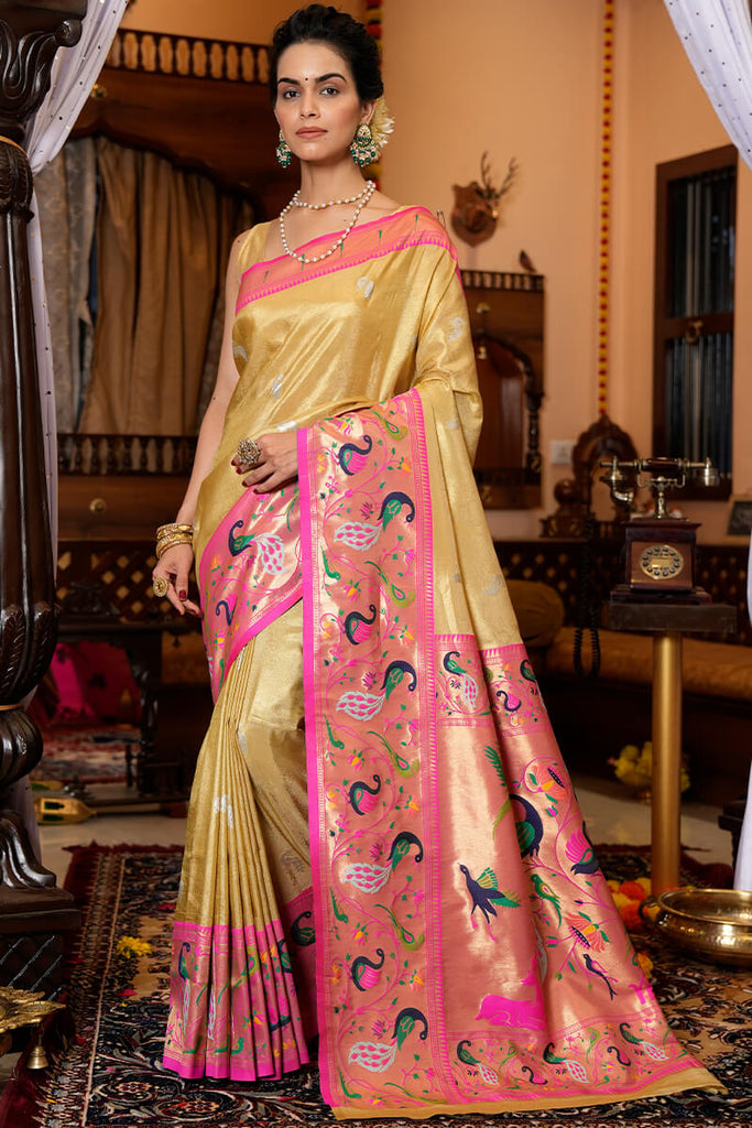 Refreshing Yellow Paithani Silk Saree With Ailurophile Blouse Piece Bvipul